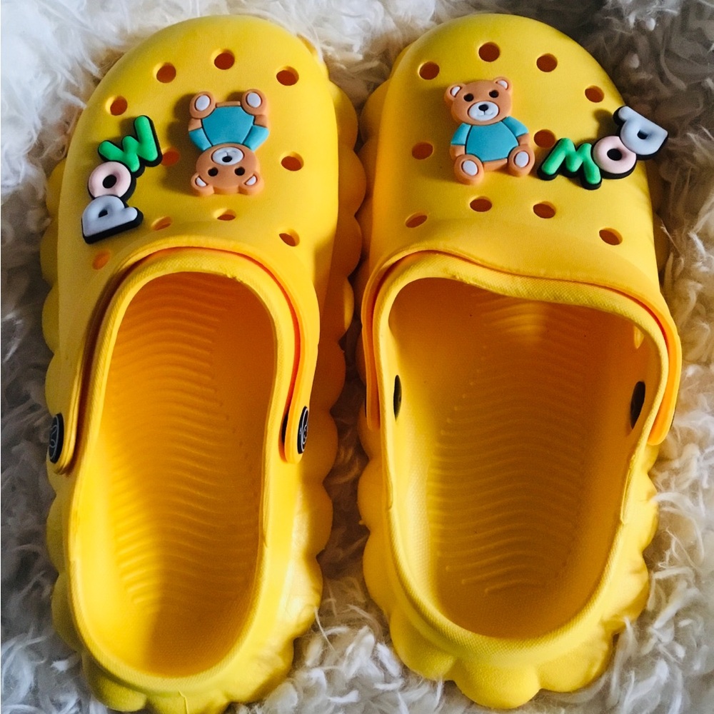 Yellow Kids Clogs with Bear decorations